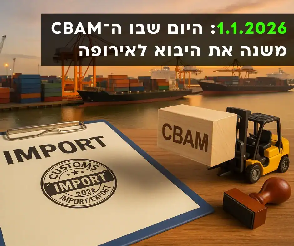 נמל בינלאומי עם מנופים ומכולות, משאית מלגזה שמרימה קובייה המסמלת CBAM ומסמך יבוא על שולחן-ייצוג ויזואלי של השפעת CBAM על תהליכי יבוא ושילוח.
